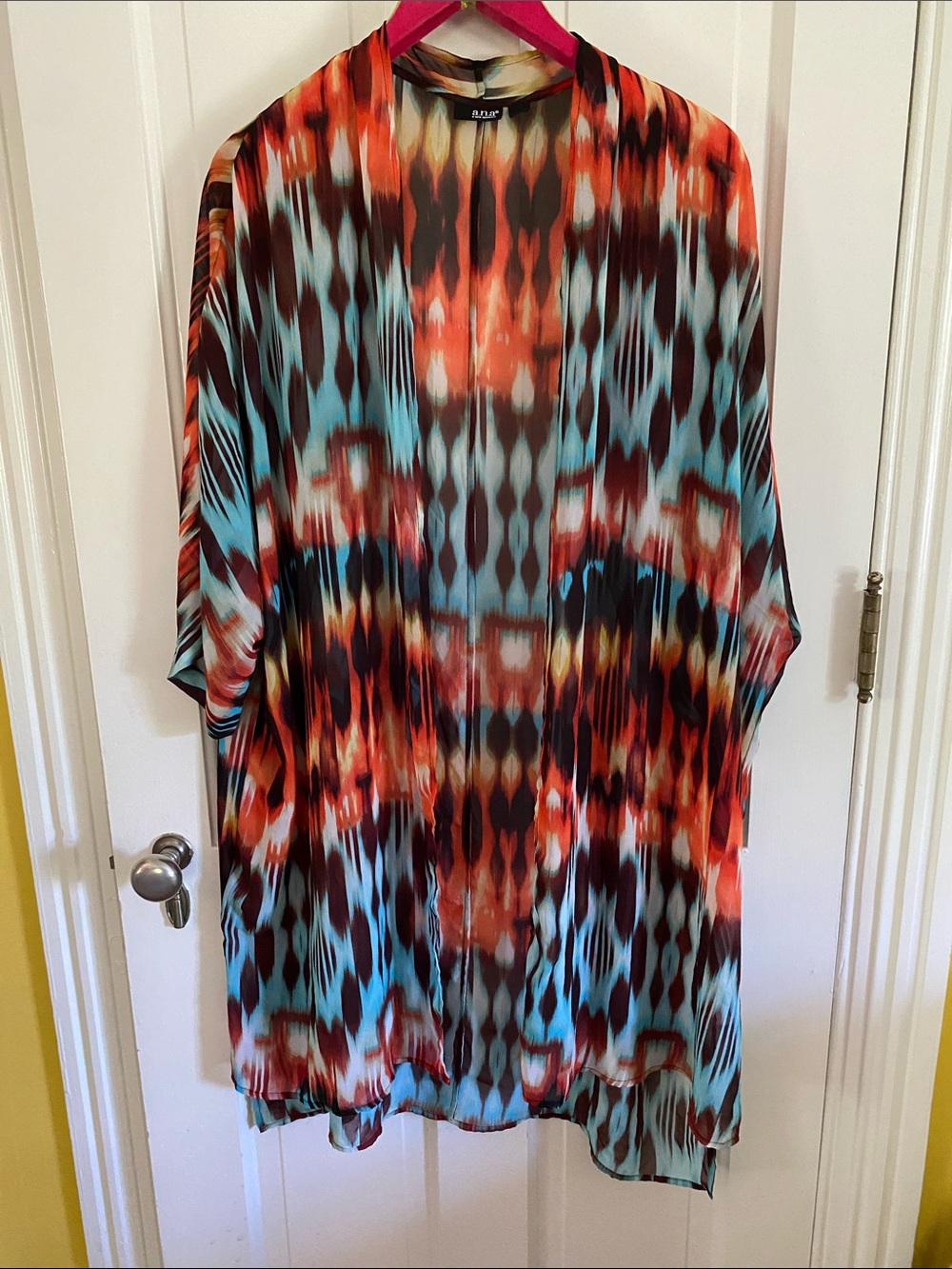 Abstract Ikat Kimono Cover-Up in Turquoise & Rust